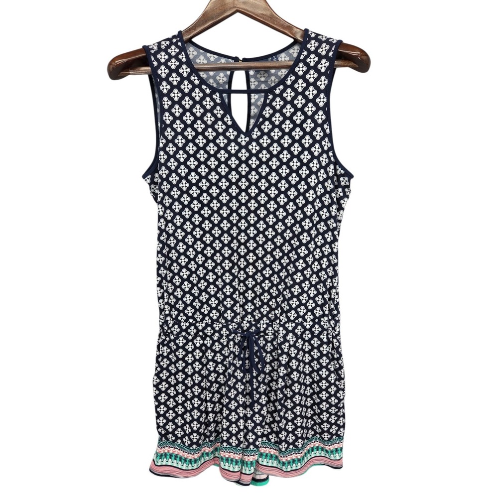Kaari Blue Romper Small Navy White Geometric Border Print Tie Waist Sleeveless